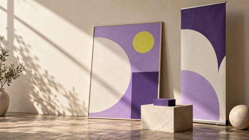 Concept display of printed artwork in cream and purple; design reference only.